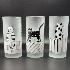 Vintage Cats on Fence Frosted Cocktail Glasses Set of 3